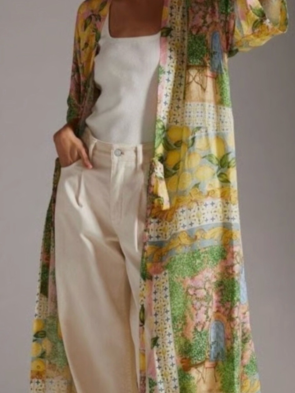 Aldo Martins Abstract Print Knit Tie Waist Midi Cardigan Dress Floral Lemons O/S - Picture 2 of 16